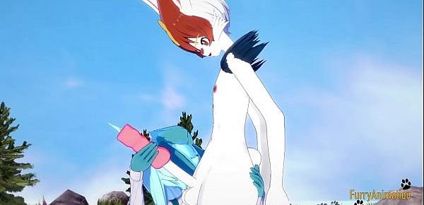 Pokemon Hentai Furry Yiff 3D - Glaceon handjob and fucked by Cinderace with creampie